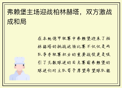 弗赖堡主场迎战柏林赫塔，双方激战成和局